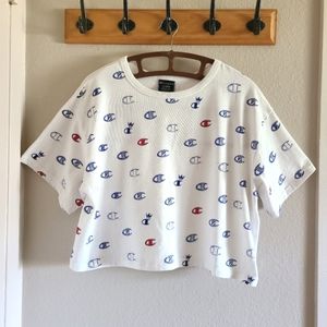 Champion White Red Blue Logo Cropped Tee - XL